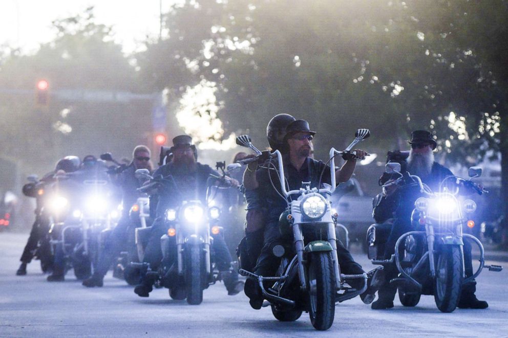 PHOTO: Motorcyclists ride down Lazelle Street during the 80th Annual Sturgis Motorcycle Rally in Sturgis, South Dakota, Aug. 8, 2020.