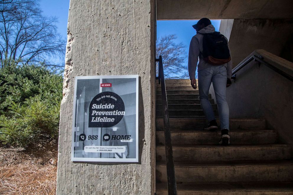 PHOTO: A sign advertises suicide prevention help at North Carolina State University campus, Feb. 13, 2022 in Raleigh, N.C.