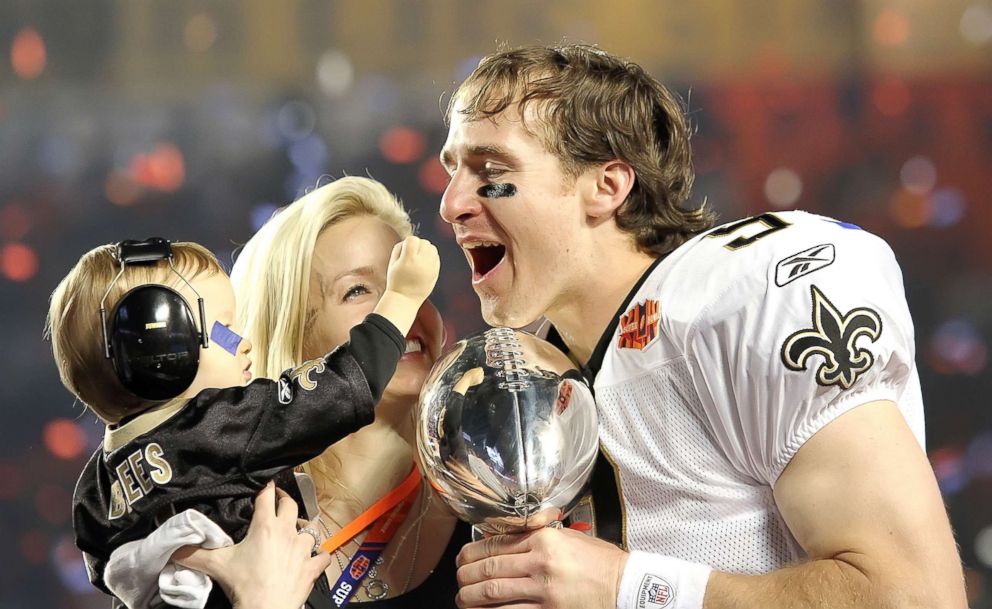 PHOTO: New Orleans Saints quarterback Drew Brees celebrates with his wife, Brittany, and son, Baylen. The New Orleans Saints beat the Indianapolis Colts 31-17, Feb. 7, 2010, in Super Bowl XLIV at Sun Life Stadium in Miami Gardens, Fla.