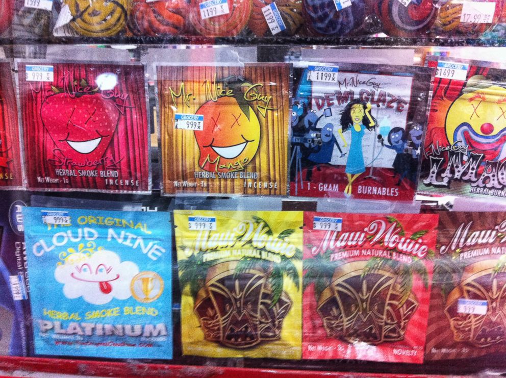 PHOTO: Synthetic marijuana, sold in colorful packages with names like Cloud Nine, Maui Wowie and Mr. Nice Guy, sits behind the glass counter at a Kwik Stop in Hollywood, Fla.