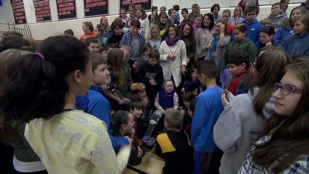 PHOTO: Sixth-graders at Ipswich Middle School in Massachusetts celebrate with classmate Talia Duff after learning they helped her foundation meets its goal of raising $1 million by the end of 2017. 