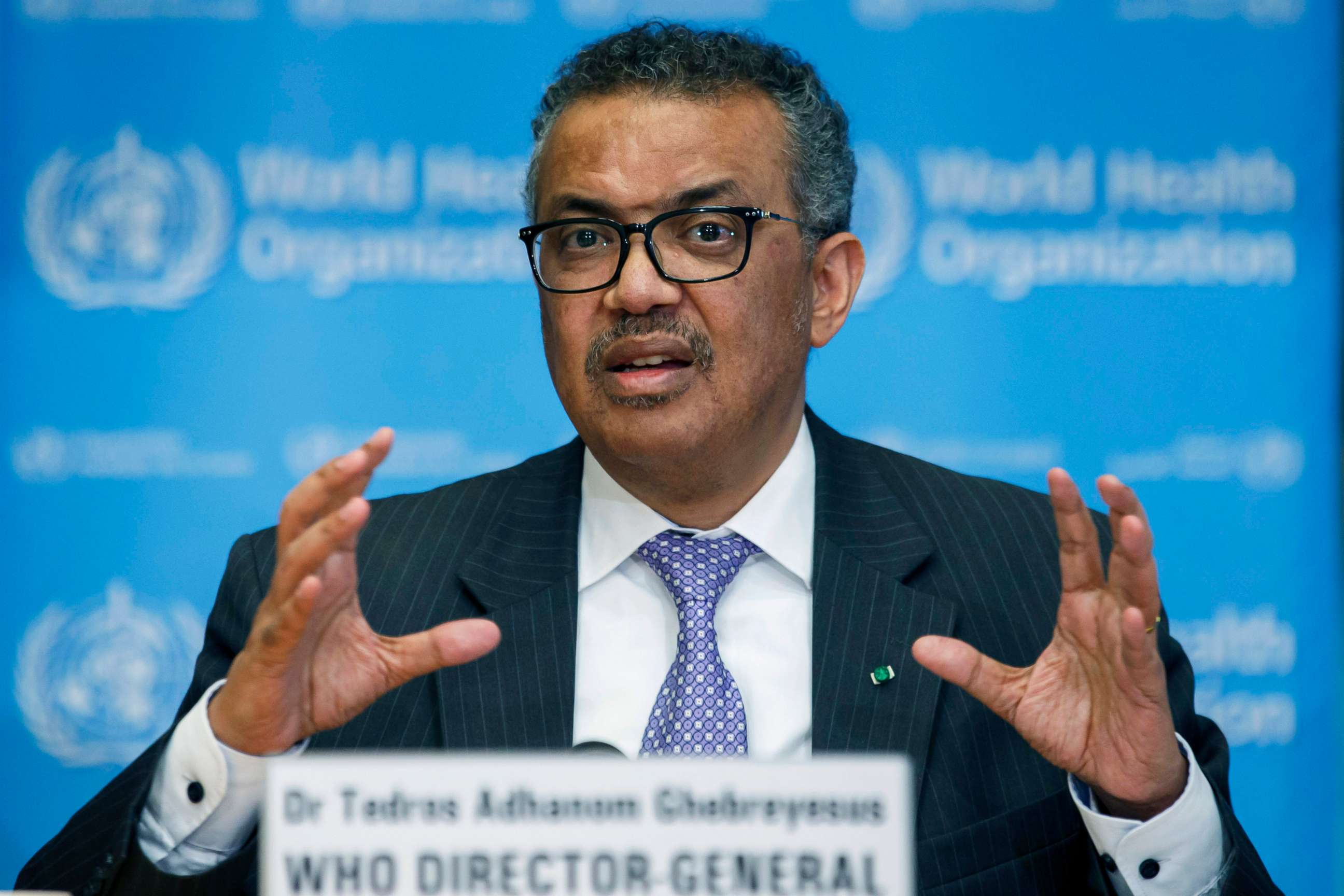 PHOTO: In this March 9, 2020, file photo, Tedros Adhanom Ghebreyesus, director-general of the World Health Organization, speaks during a news conference in Geneva.