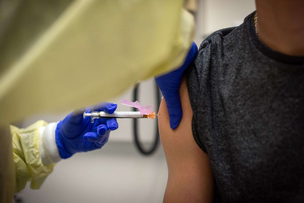 PHOTO: A 15-year-old participating in Moderna's teen COVID-19 vaccine trial receives a shot in Houston of Feb. 5, 2021.