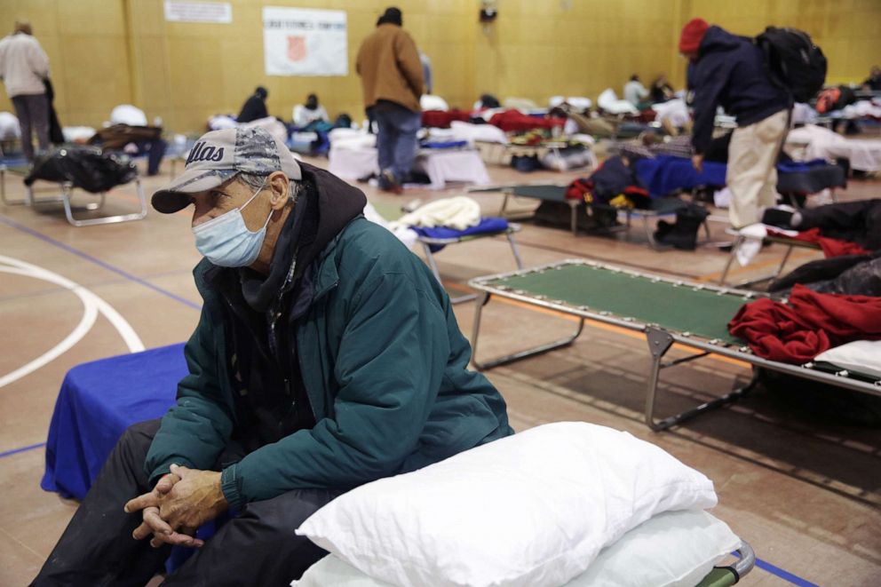 PHOTO: Sid Snow, 72, stays overnight at the Salvation Army facility after winter weather caused electricity blackouts in Plano, Texas, Feb. 18, 2021.