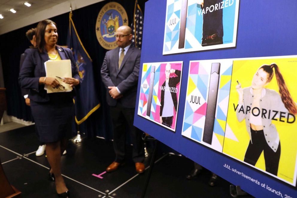 PHOTO: State Attorney General Letitia James leaves the podium after announcing a lawsuit against e-cigarette giant Juul on Nov. 19, 2019, in New York.