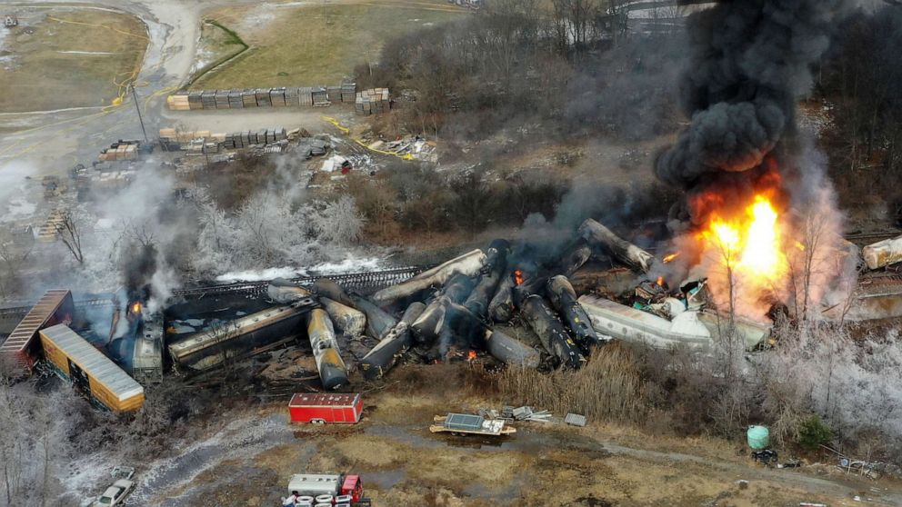PHOTO: Portions of a Norfolk and Southern freight train that derailed the night before in East Palestine, Ohio, Feb. 4, 2023.