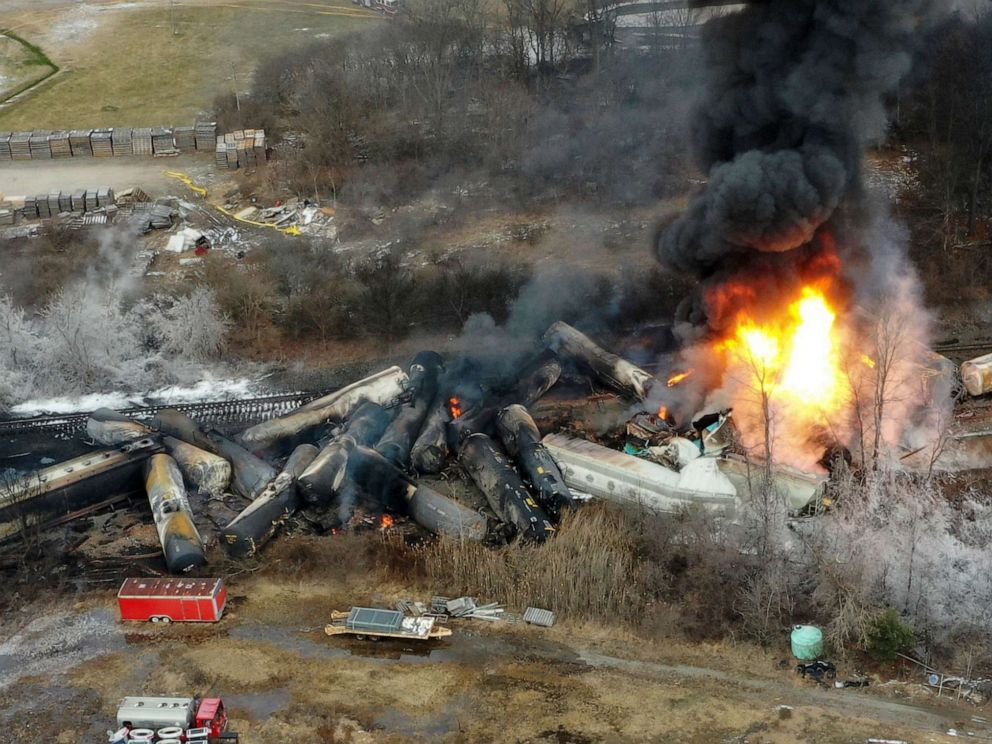 PHOTO: Portions of a Norfolk and Southern freight train that derailed the night before in East Palestine, Ohio, Feb. 4, 2023.