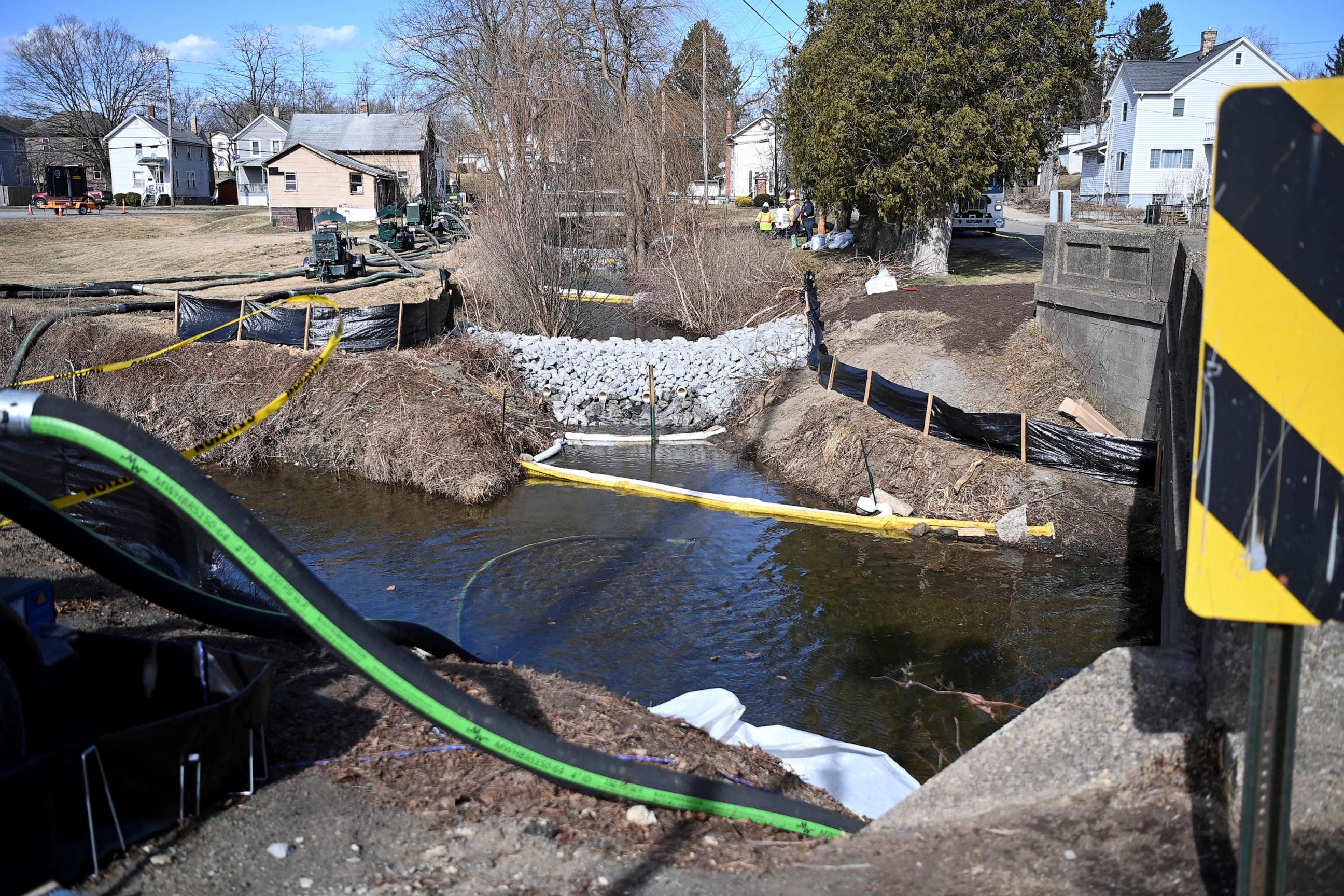 PHOTO: Local waterways are monitored following the derailment of a train carrying toxic chemicals which caused a fire that sent a cloud of smoke over the town of East Palestine, Ohio, Feb. 21, 2023.