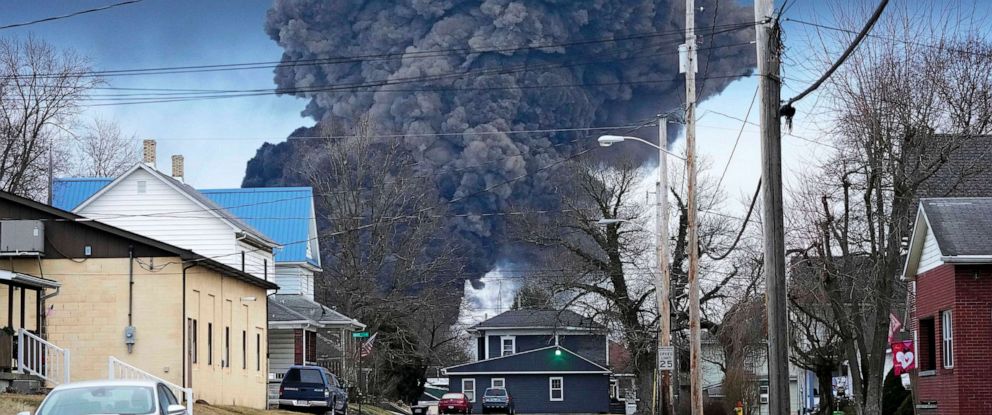PHOTO: A black plume rises over East Palestine, Ohio, as a result of a controlled detonation of a portion of the derailed Norfolk Southern trains, Feb. 6, 2023.