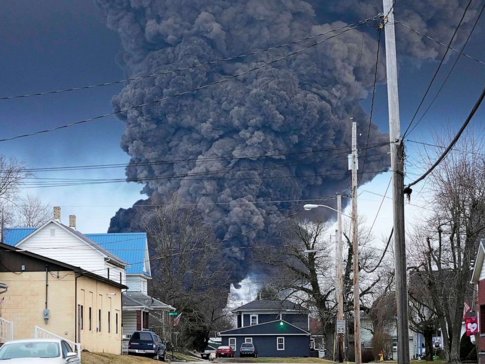 PHOTO: A black plume rises over East Palestine, Ohio, as a result of a controlled detonation of a portion of the derailed Norfolk Southern trains, Feb. 6, 2023.