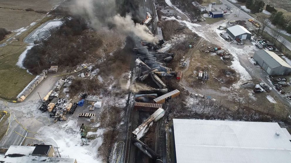 FILE PHOTO: Drone footage shows the freight train derailment in East Palestine, Ohio, on Feb. 6, 2023, in an image from video released by the National Transportation Safety Board.