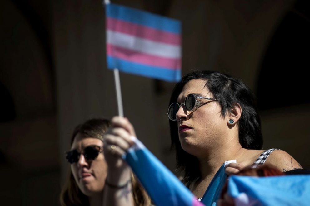 PHOTO: L.G.B.T. activists and their supporters rally in support of transgender people on the steps of New York City Hall, Oct. 24, 2018, in New York City.