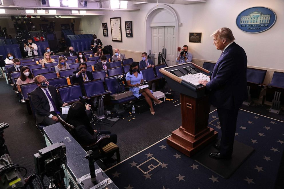 PHOTO: Donald Trump speaks to reporters during a news conference in the Brady Press Briefing Room at the White House July 21, 2020 in Washington.
