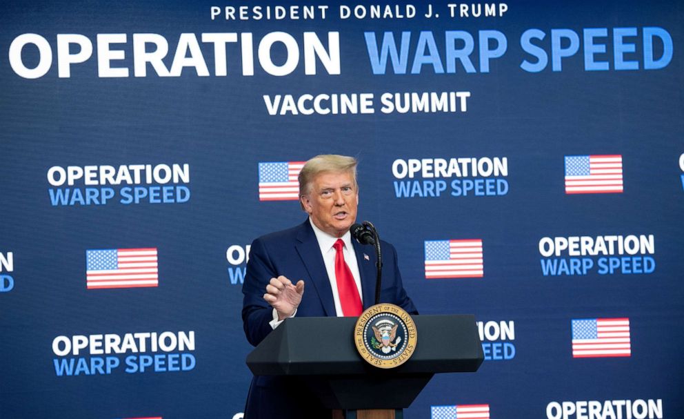 PHOTO: President Donald Trump speaks during the Operation Warp Speed Vaccine Summit in the Eisenhower Executive Office Building adjacent to the White House, Dec. 8, 2020. 