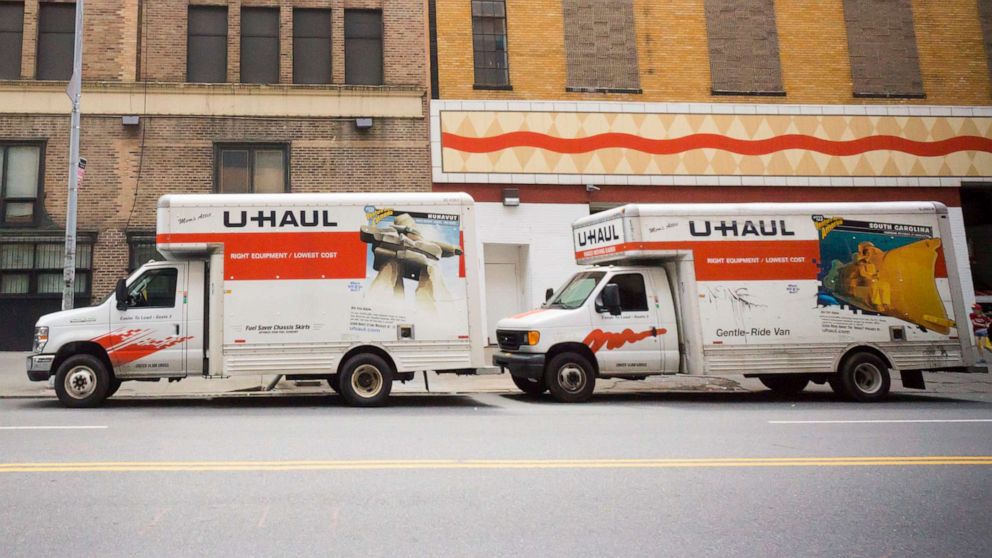 PHOTO: In this May 14, 2016, file photo, U-Haul trucks are parked in the Chelsea neighborhood of New York.