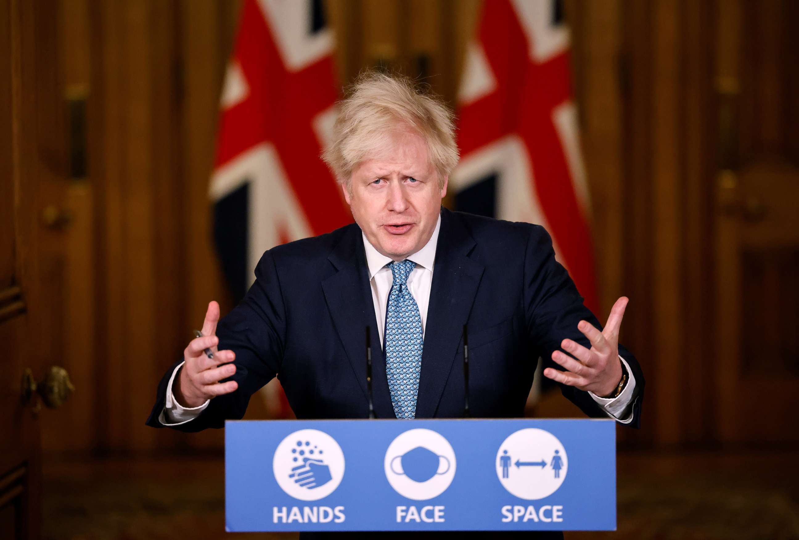 PHOTO: Britain's Prime Minister, Boris Johnson speaks during a virtual press conference after a string of countries banned travelers due to the rapid spread of a new, more-infectious coronavirus strain, Dec. 21, 2020, in London.