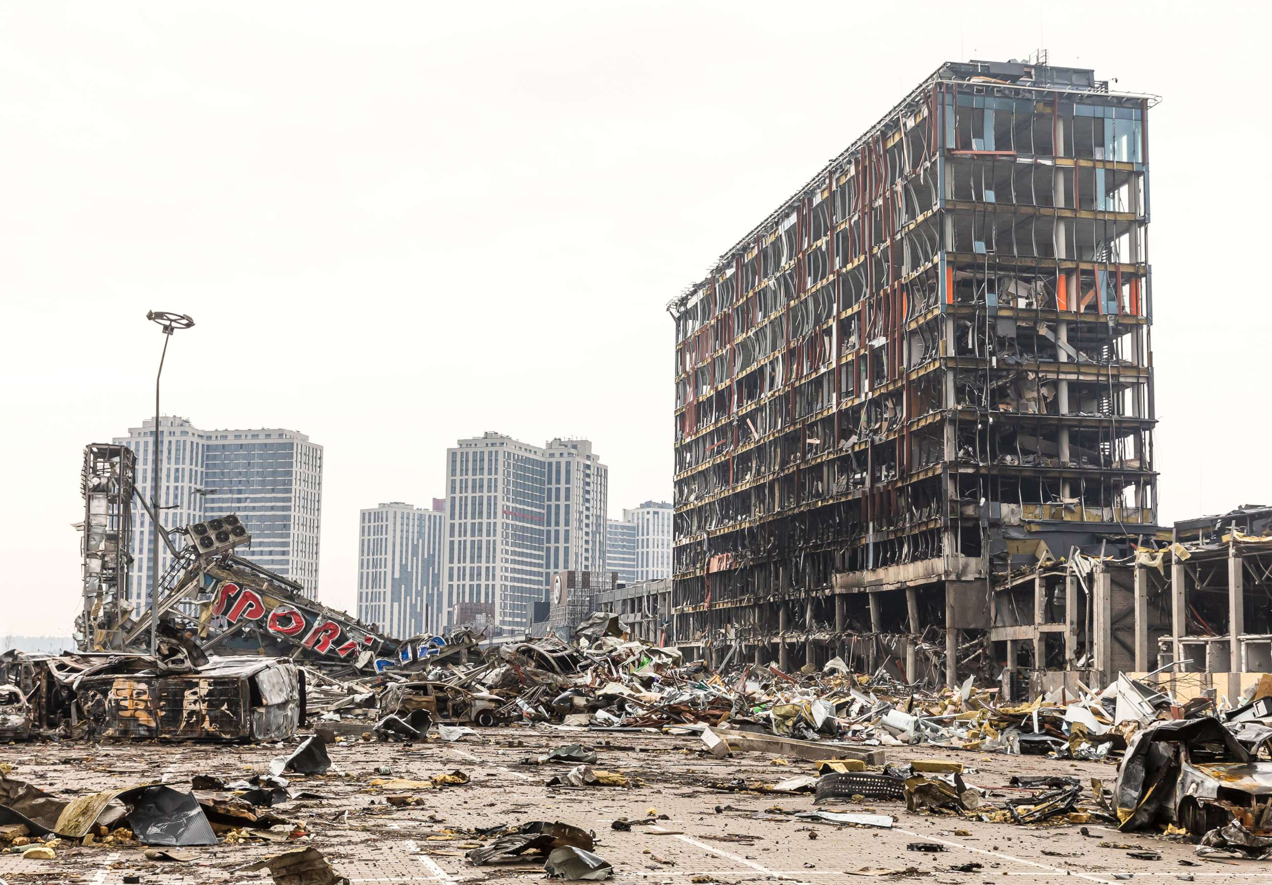 PHOTO: A destroyed shopping center is shown in Kyiv, Ukraine, March 29, 2022.