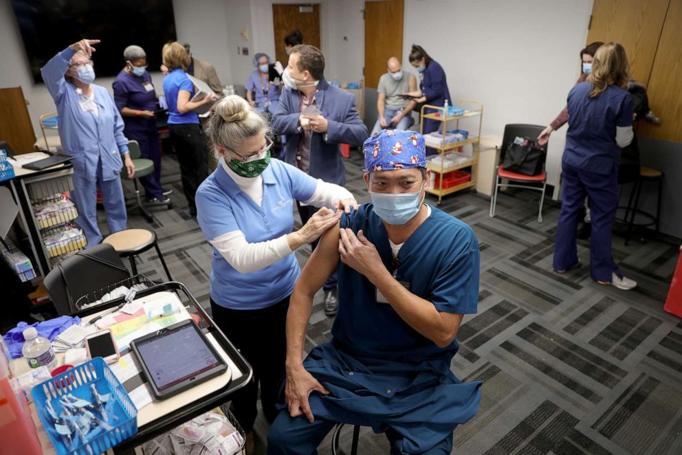 PHOTO: Frontline medical workers receive the Pfizer vaccine for COVID-19 at the Virginia Hospital Center on Dec. 16, 2020, in Arlington, Va., as widespread distribution of the vaccines begins in the U.S.