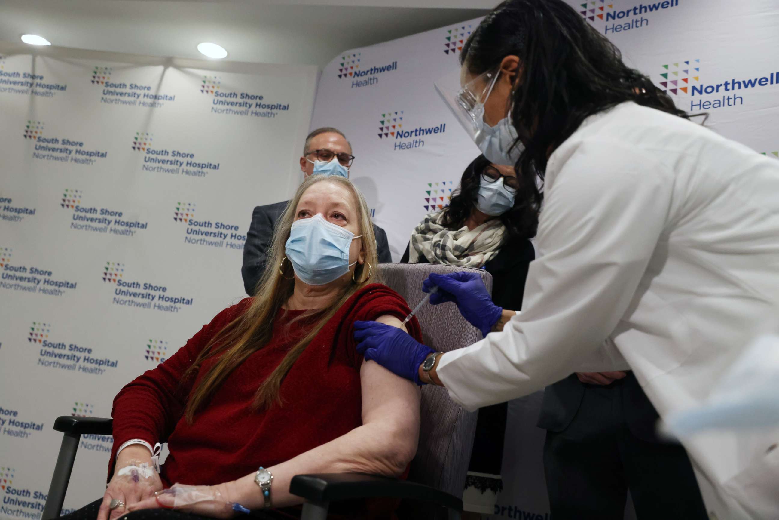 PHOTO: A medical worker at South Shore University Hospital administers the newly available Johnson & Johnson COVID-19 vaccine to Susan Maxwell-Trumble on March 3, 2021 in Bay Shore, New York.
