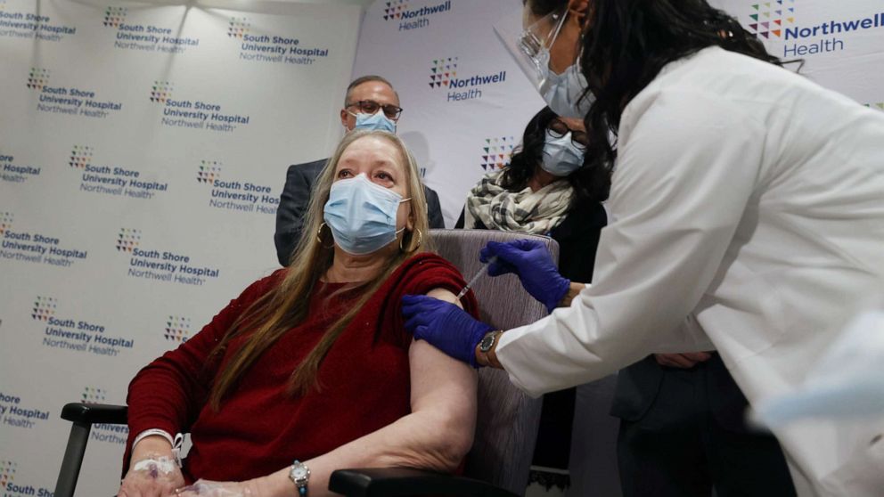 PHOTO: A medical worker at South Shore University Hospital administers the newly available Johnson & Johnson COVID-19 vaccine to Susan Maxwell-Trumble on March 3, 2021 in Bay Shore, New York.