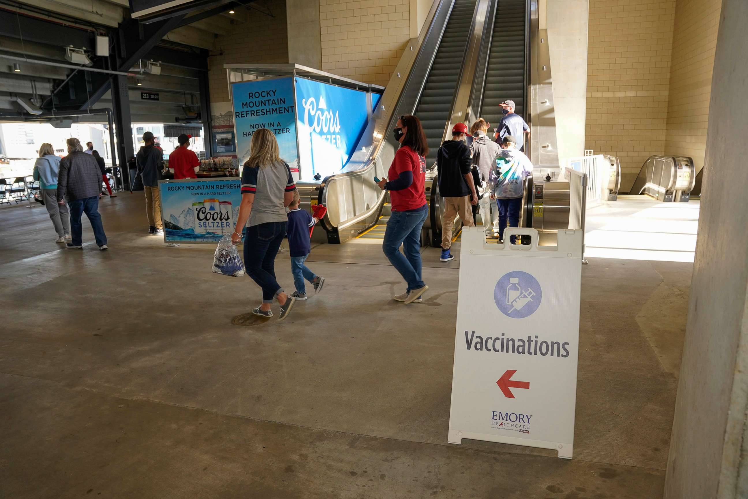 PHOTO: A vaccination check in offered at the ball park prior to the game between the Atlanta Braves and the Philadelphia Phillies at Truist Park, May 7, 2021, in  Cumberland, Ga. 