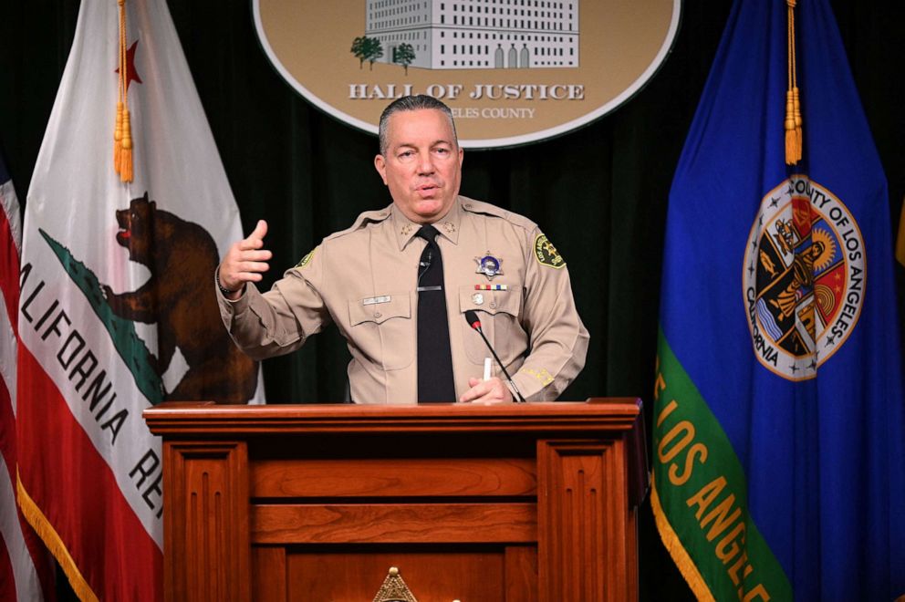 PHOTO: Los Angeles County Sheriff Alex Villanueva speaks at a press conference to address vaccine mandates, Nov. 2, 2021, at a press conference in downtown Los Angeles. 