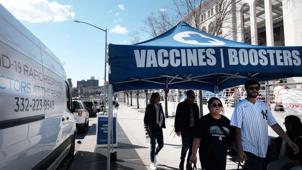 PHOTO: A Covid vaccine and testing site is set up outside of Yankee Stadium on the Opening Day of the season for the Yankees as they face off against rivals the Boston Red Sox on April 8, 2022, in New York.