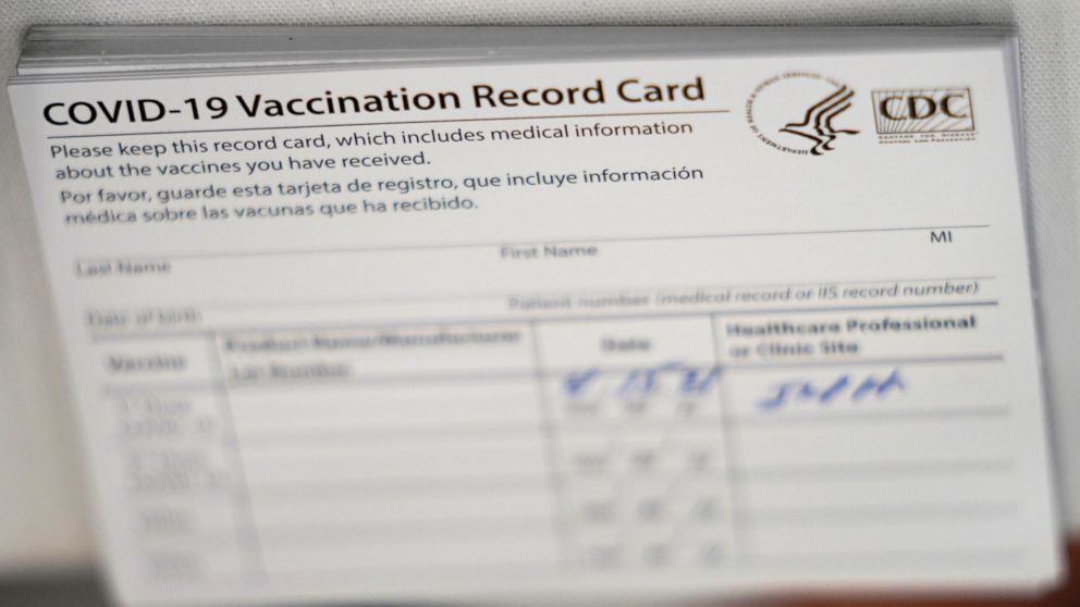 PHOTO: Centers for Disease Control and Prevention COVID-19 vaccination cards are shown, April 15, 2021.