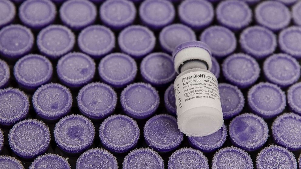 PHOTO: Pfizer's COVID-19 vaccine is pictured at Rady Children's Hospital before it's placed back in the refrigerator in San Diego on Dec. 15, 2020.