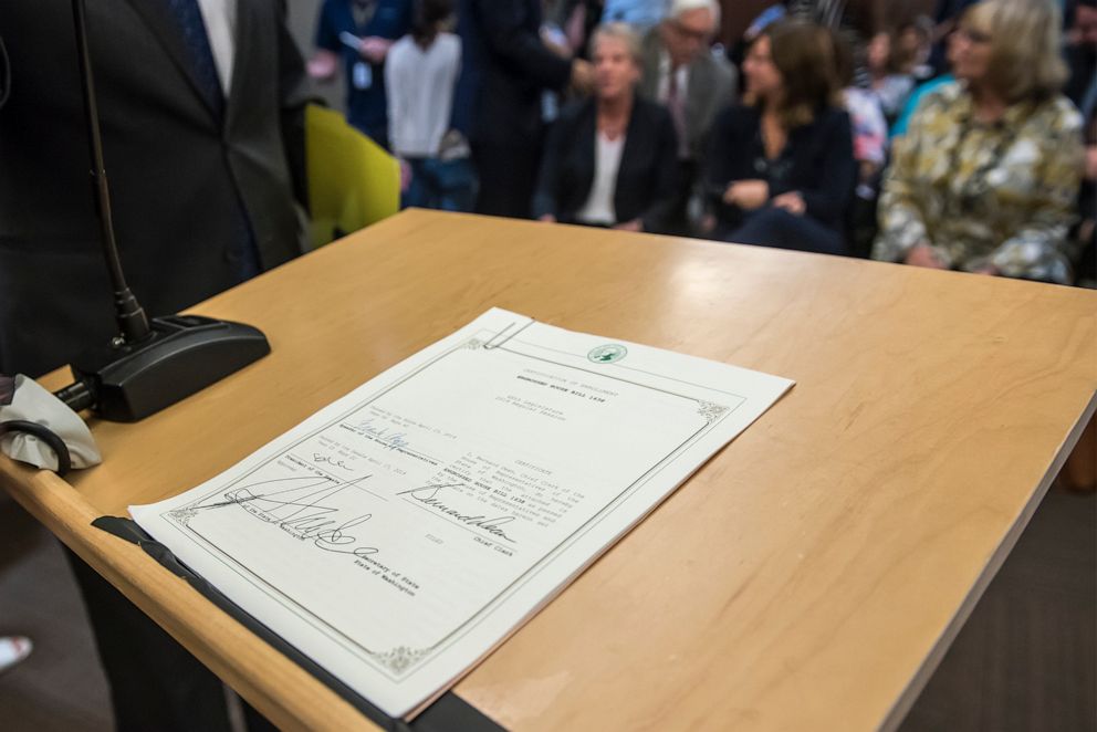 PHOTO: HB 1638 is seen here following a bill signing event with Washington Governor Jay Inslee at Vancouver City Hall in Vancouver Wash., on May 10, 2019.