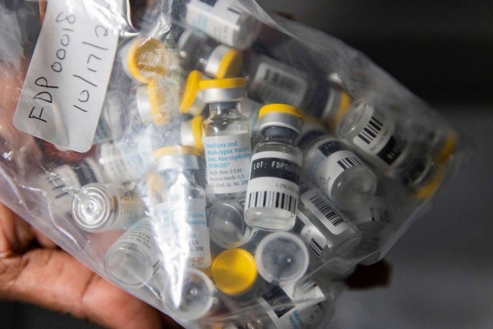 PHOTO: Vials of single doses of the Jynneos vaccine for mpox are seen from a cooler at a vaccinations site on Aug. 29, 2022, in the Brooklyn, N.Y.