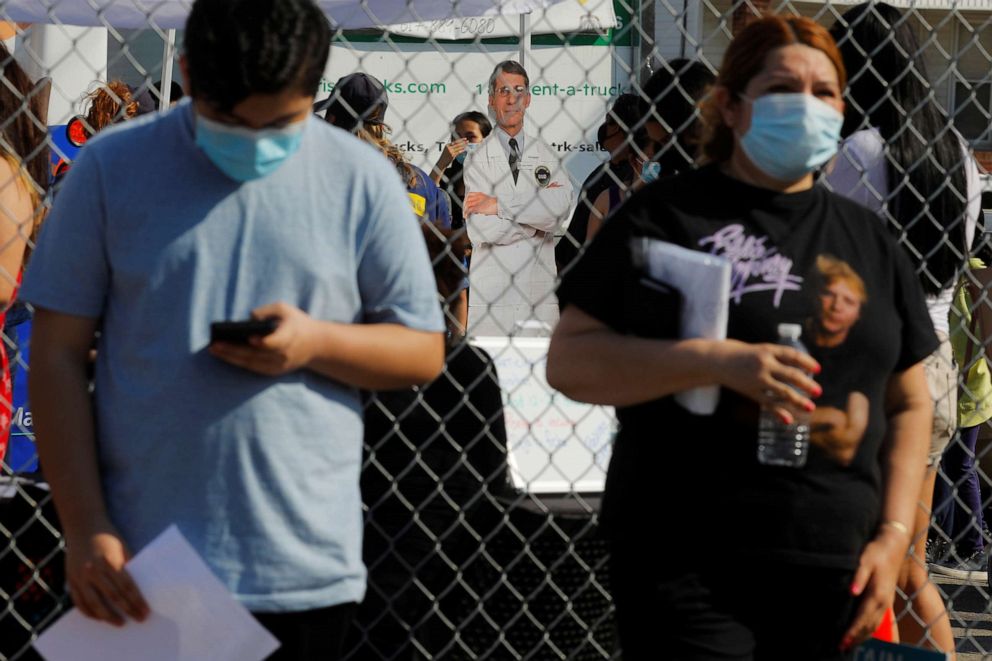 PHOTO: Residents line up next to a cardboard cutout of National Institute of Allergy and Infectious Diseases Director Dr. Anthony Fauci for coronavirus disease vaccines at a clinic in Chelsea, Mass., May 21, 2021.