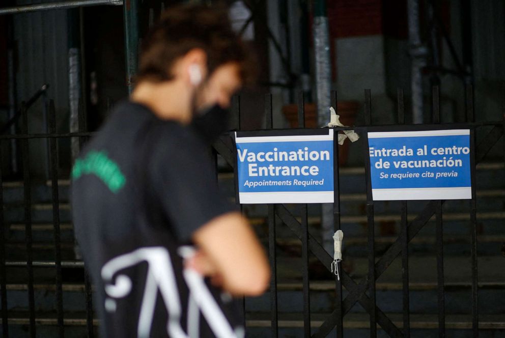 PHOTO: A sign marks the entrance of a vaccination site for Monkeypox, July 17, 2022, in New York City.