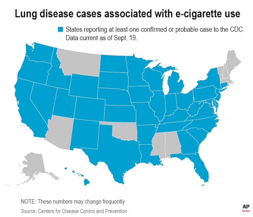 PHOTO: A map released by the Associated Press on Sept. 19, 2019, marks states reporting at least one confirmed or probable case to the CDC. The data was current as of Sept. 17.