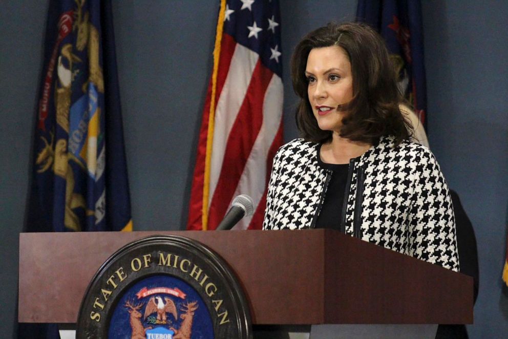 PHOTO: In this April 20, 2020, photo, provided by the Michigan Office of the Governor, Michigan Gov. Gretchen Whitmer addresses the state in Lansing, Mich.