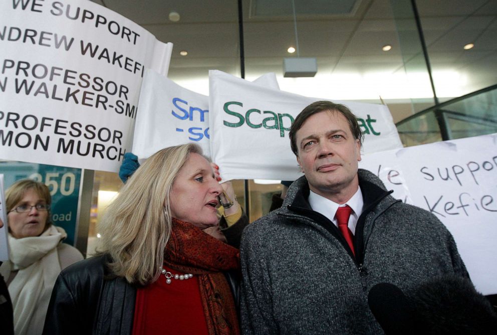 PHOTO: British Doctor Andrew Wakefield (R) and his wife, Carmel arrive at the General Medical Council (GMC) in central London, on January 28, 2010.