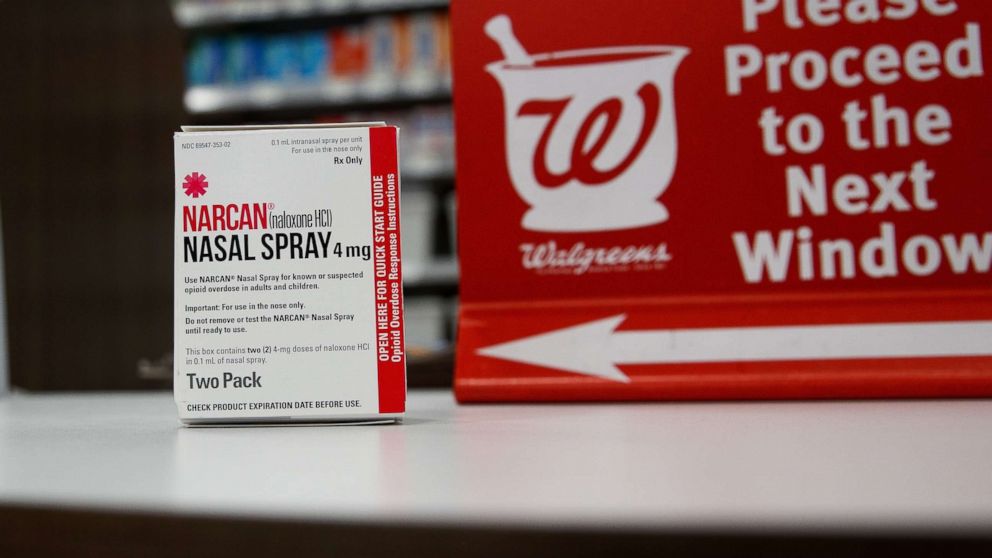 PHOTO: In this photo illustration, a package of NARCAN (Naloxone) nasal spray sits on the counter at a Walgreens pharmacy, Aug. 9, 2017, in New York City. 