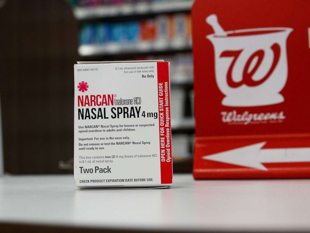 PHOTO: In this photo illustration, a package of NARCAN (Naloxone) nasal spray sits on the counter at a Walgreens pharmacy, Aug. 9, 2017, in New York City.