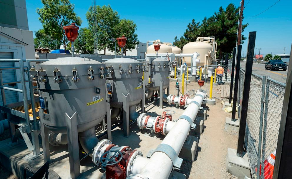 PHOTO: In this July 1, 2021, file photo, well water runs through pre-filters at a new water treatment plant along Kimberly Ave. in Fullerton, CA. 
