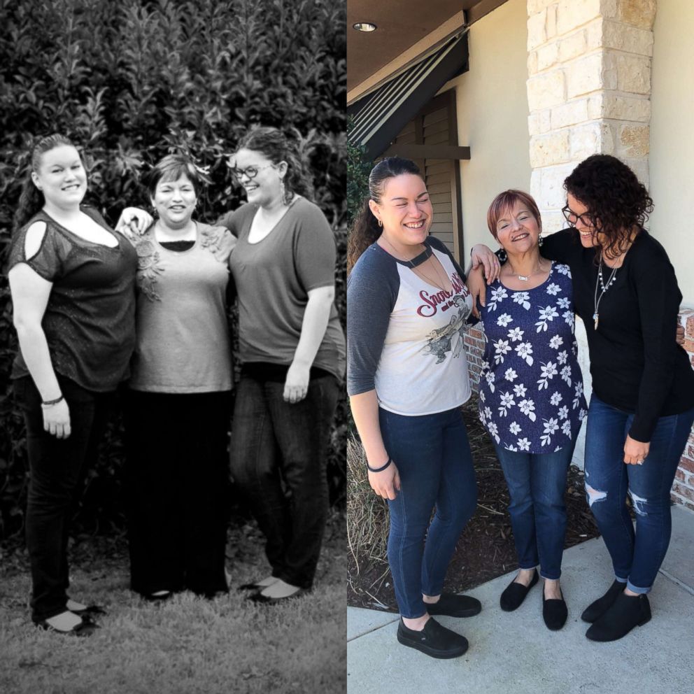 PHOTO: Keila Anavisca, far right, her mom, Nancy Maldonado, center, and her sister, Marleika Butler, left, have lost a total of more than 140 pounds.