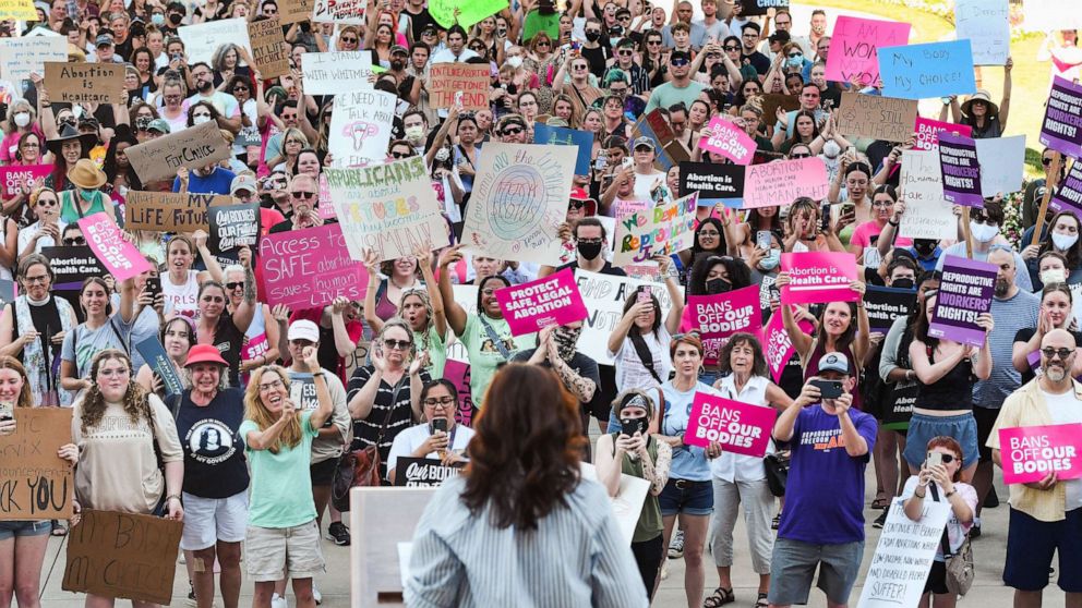 PHOTO: Michigan Gov. Gretchen Whitmer speaks to abortion-rights protesters during a demonstration in front of the state Capitol Building in Lansing, Mich., June 24, 2022, in response to the U.S. Supreme Court's ruling overturning Roe v. Wade.