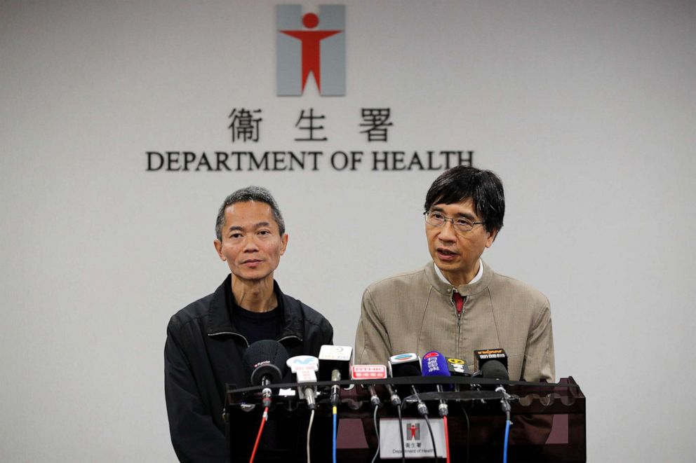 PHOTO: Professor Yuen Kwok-yung, right, speaks next to Wong Ka-hing, the Controller of the Centre for Health Protection of the Department of Health during a press conference at the Health Department in Hong Kong, Jan. 11, 2020.