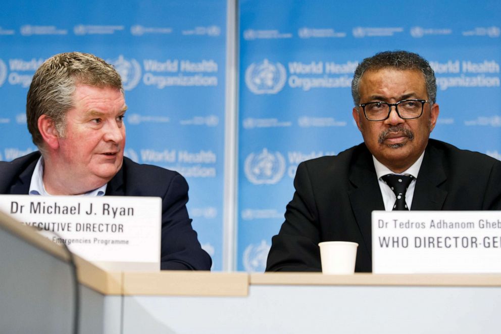 PHOTO: Tedros Adhanom Ghebreyesus, right, and Michael Ryan, left, address the media during a press conference at the World Health Organization headquarters in Geneva, Switzerland, Feb. 10, 2020 on the situation regarding to the new coronavirus.