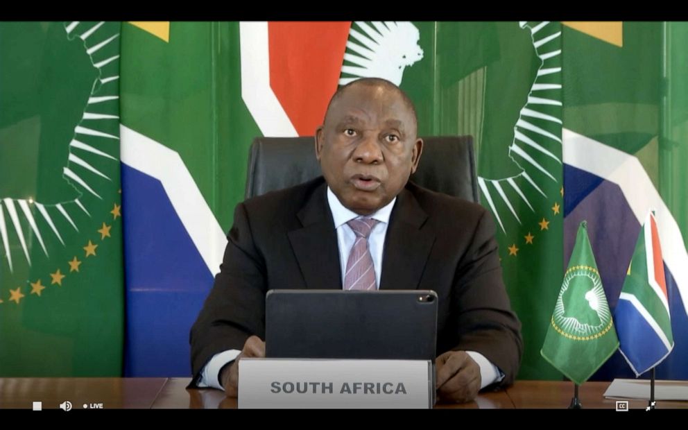 PHOTO: South African President Cyril Ramaphosa delivering a speech via video link at the opening of the World Health Assembly virtual meeting from the WHO headquarters in Geneva, amid the COVID-19 pandemic, caused by the novel coronavirus, May 18, 2020.