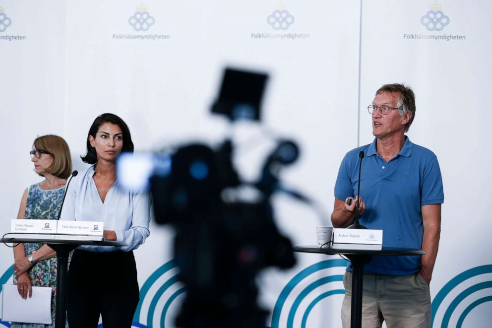 PHOTO: State epidemiologist Anders Tegnell, right, and Taha Alexandersson, Deputy Emergency Response Manager, give a press conference on the situation amidst the new coronavirus pandemic coronavirus, June 23, 2020, in Stockholm.
