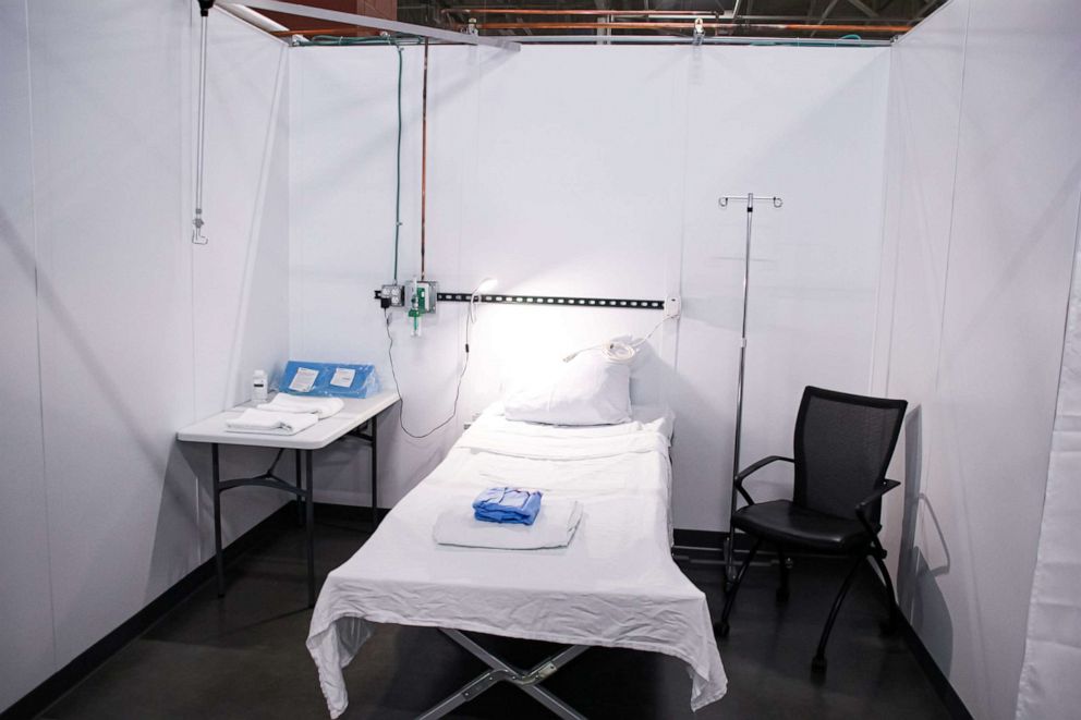 PHOTO: A view shows a patient cubicle of a field hospital known as an Alternate Care Facility set up at the state fair ground near Milwaukee, Wis., as cases of COVID-19 spike in the state, Oct. 12, 2020.