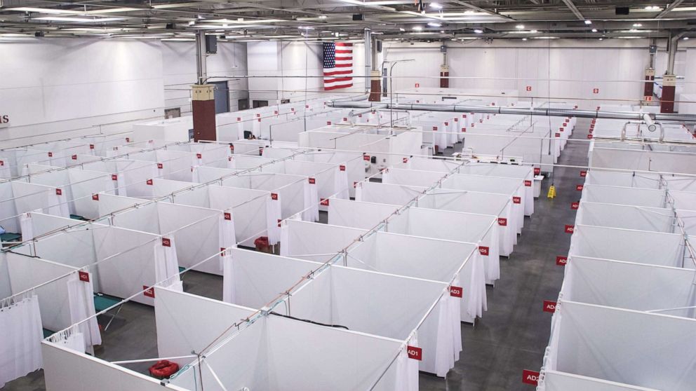PHOTO: An overhead view shows a field hospital known as an Alternate Care Facility set up at the state fair ground near Milwaukee, Wis., as cases of COVID-19 spike in the state, Oct. 12, 2020.
