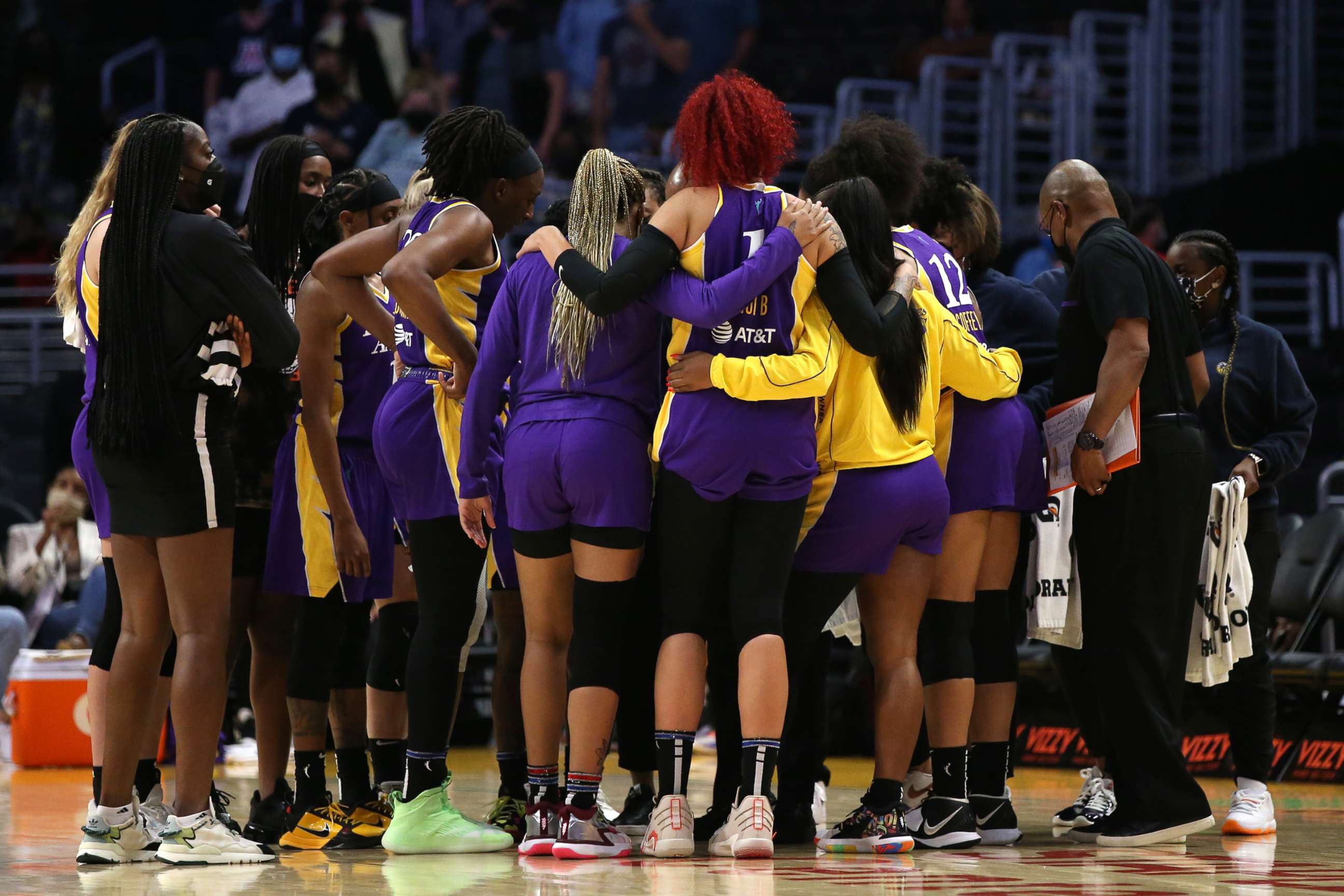 PHOTO: In this Aug. 17, 2021 file photo The Los Angeles Sparks huddle on the court at Staples Center in Los Angeles. 99% of the WNBA  league is vaccinated according the the WNBA.