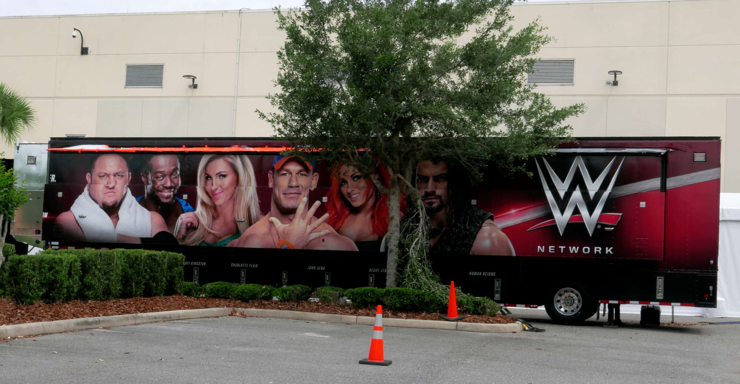 PHOTO: A trailer set up near a satellite truck to transmit wrestling broadcasts is parked outside the WWE Performance Center, April 14, 2020, in Orlando, Fla. 