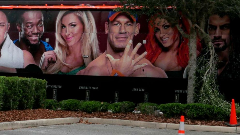 PHOTO: A trailer set up near a satellite truck to transmit wrestling broadcasts is parked outside the WWE Performance Center, April 14, 2020, in Orlando, Fla. 